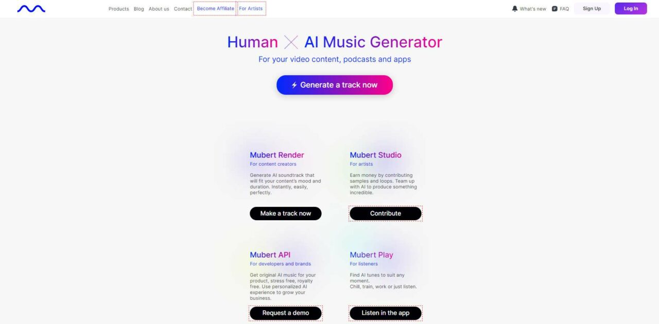  Mubert, um gerador de música de IA pioneiro, retratado com elementos de design inovadores e vibrantes que destacam suas capacidades revolucionárias na geração de música. 