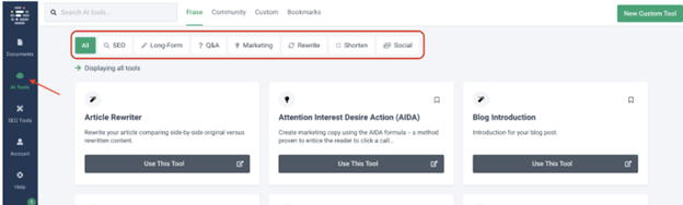 afrase-io-ai-tools-with-features-like-article-rewriter-and-aida-categorized-by-seo-long-form-and-marketing
