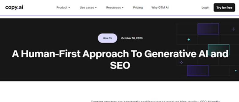 Copy-ai-homepage-promoting-a-human-first-approach-to-generative-AI-and-SEO