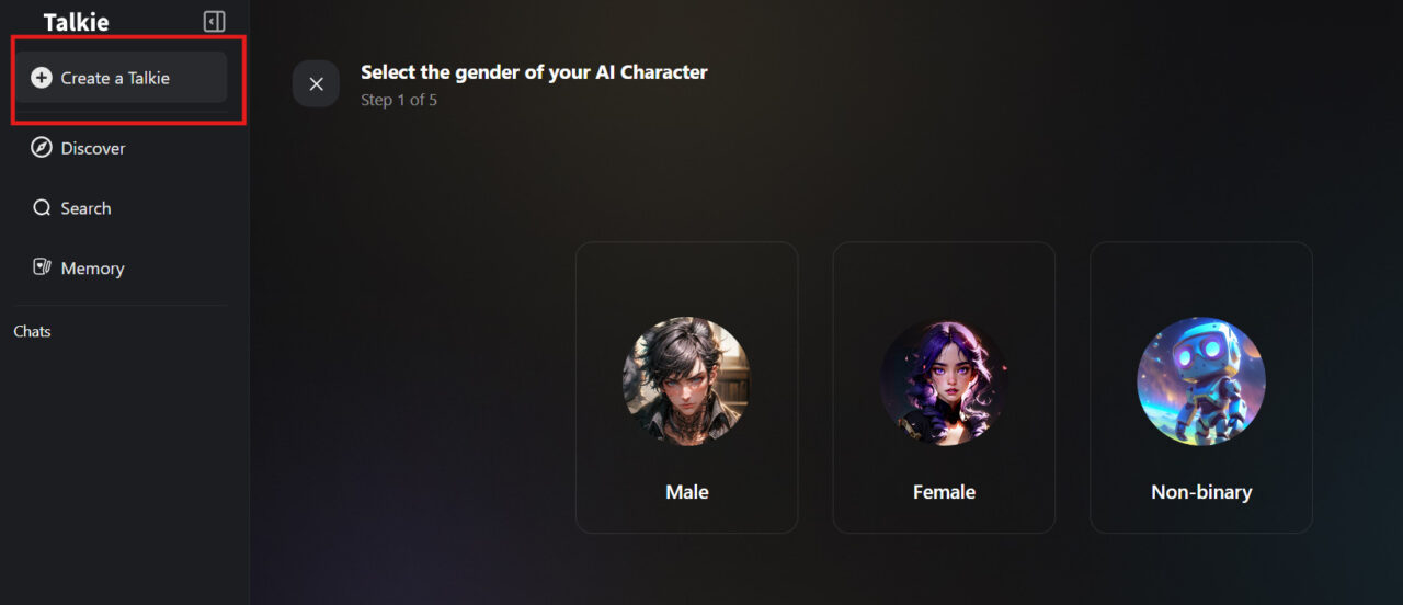 Interface-showing-options-to-create-a-Talkie-AI-character-with-gender-selection-options-(Male,-Female,-Non-binary)