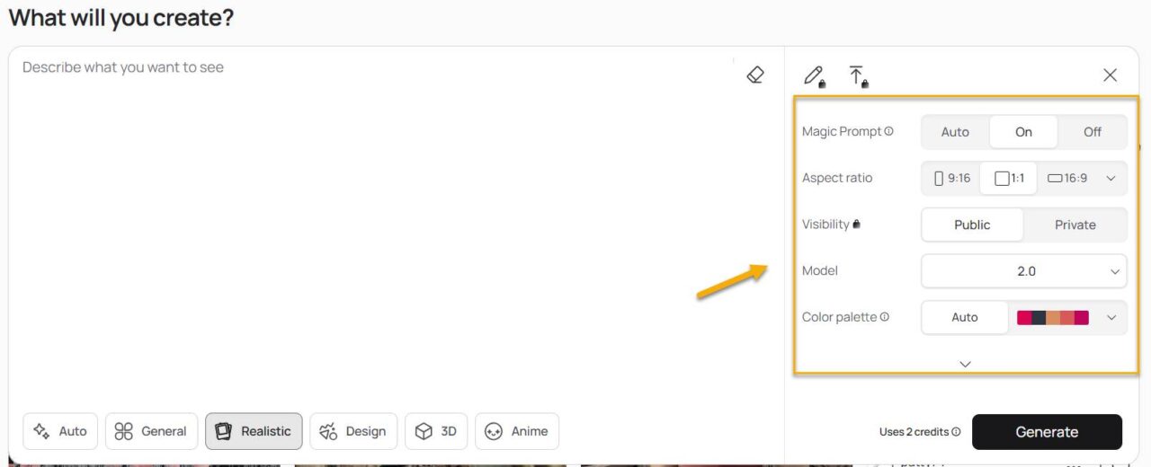panneau-de-paramètres-d'ideogram-2.0-avec-options-pour-invite-magique-rapport-aspect-visibilité-version-du-modèle-palette-de-couleurs