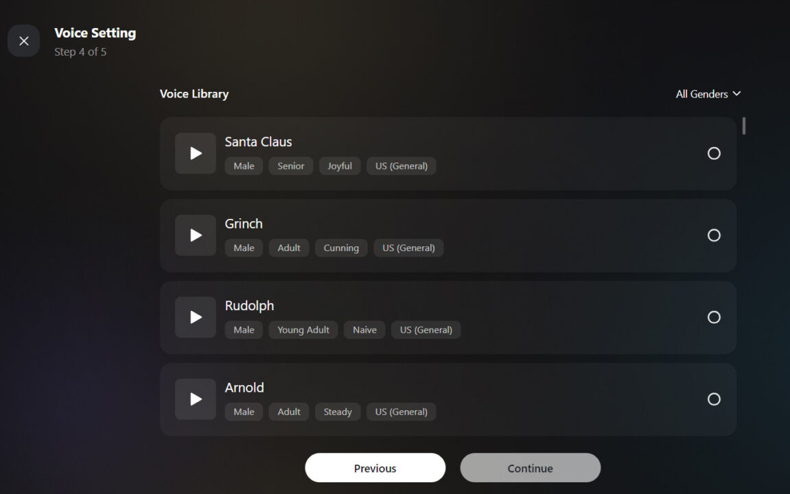 Talkie-AI-voice-library-with-options-like-Santa-Claus-and-Grinch-for-selecting-a-character's-voice