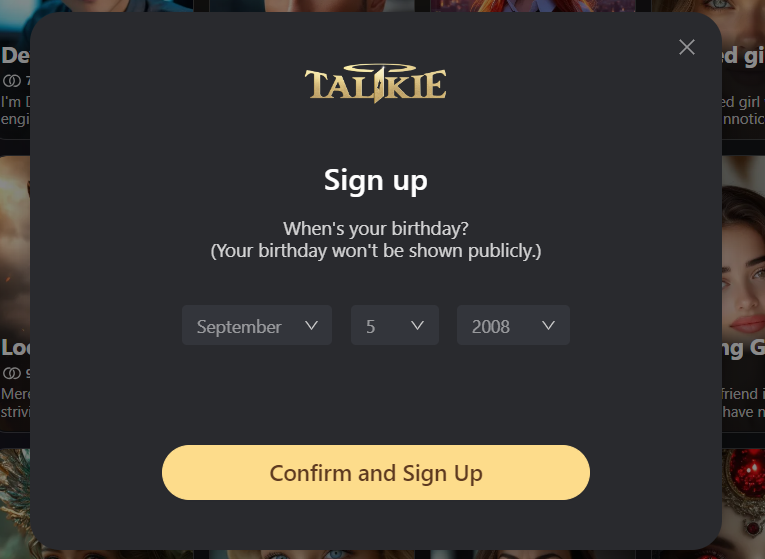 User-entering-birthdate-and-confirming-details-on-the-Talkie-AI-sign-up-form