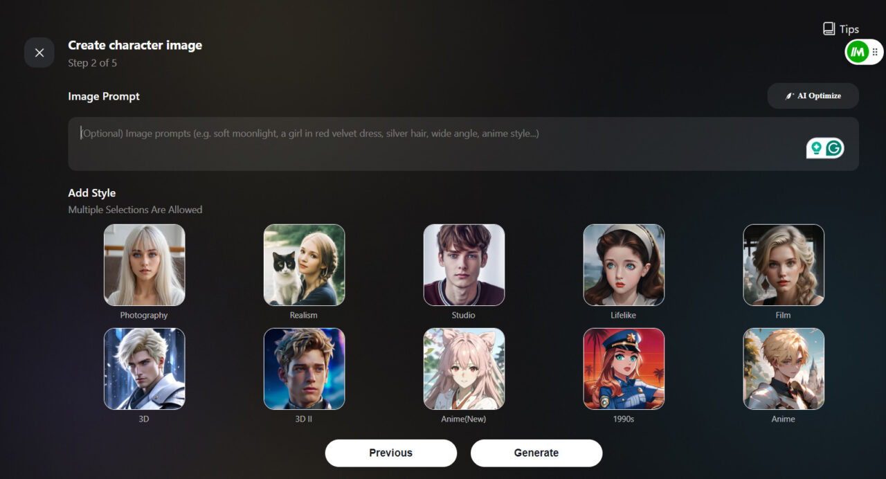 User-selecting-image-prompts-and-choosing-from-styles-like-Photography,-Realism,-and-Anime-for-character-creation-in-Talkie-AI