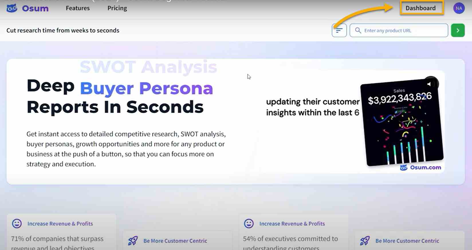  Interface de connexion Osum AI Dashboard avec des options de navigation pour les outils de recherche de marché. 
