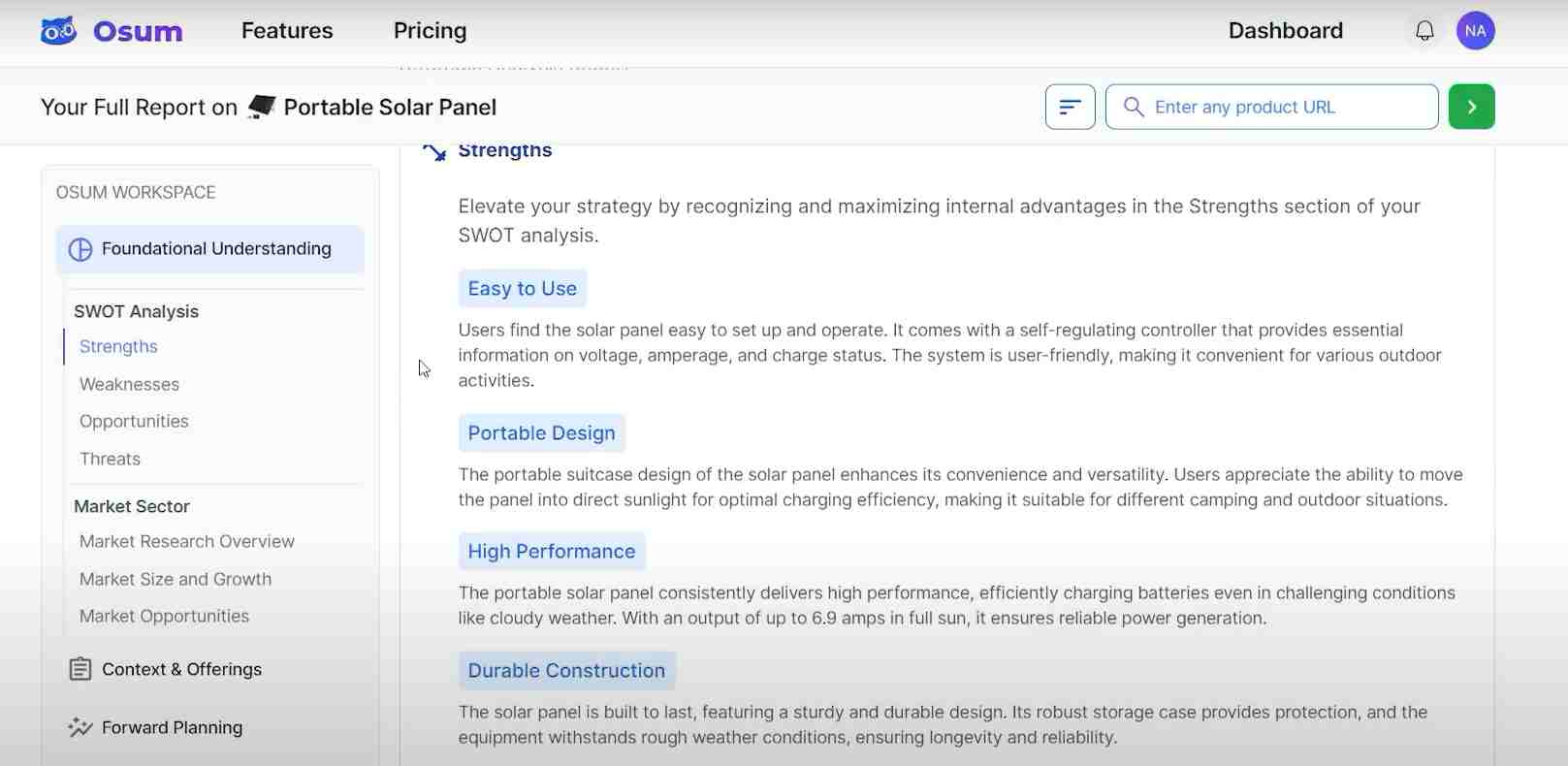  Page d'analyse SWOT sur OSUM AI montrant les forces, les faiblesses, les opportunités et les menaces pour les informations sur le marché. 