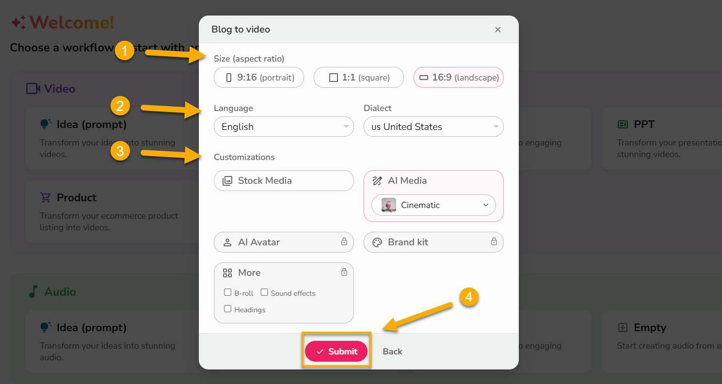 fliki-blog-details-entry-form-with-fields-for-idea-prompt-blog-url-and-summarize-option