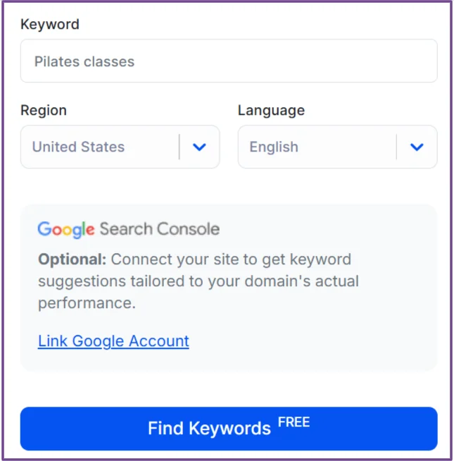 Start-Keyword in Kiva eingeben für Pilates-Geschäft