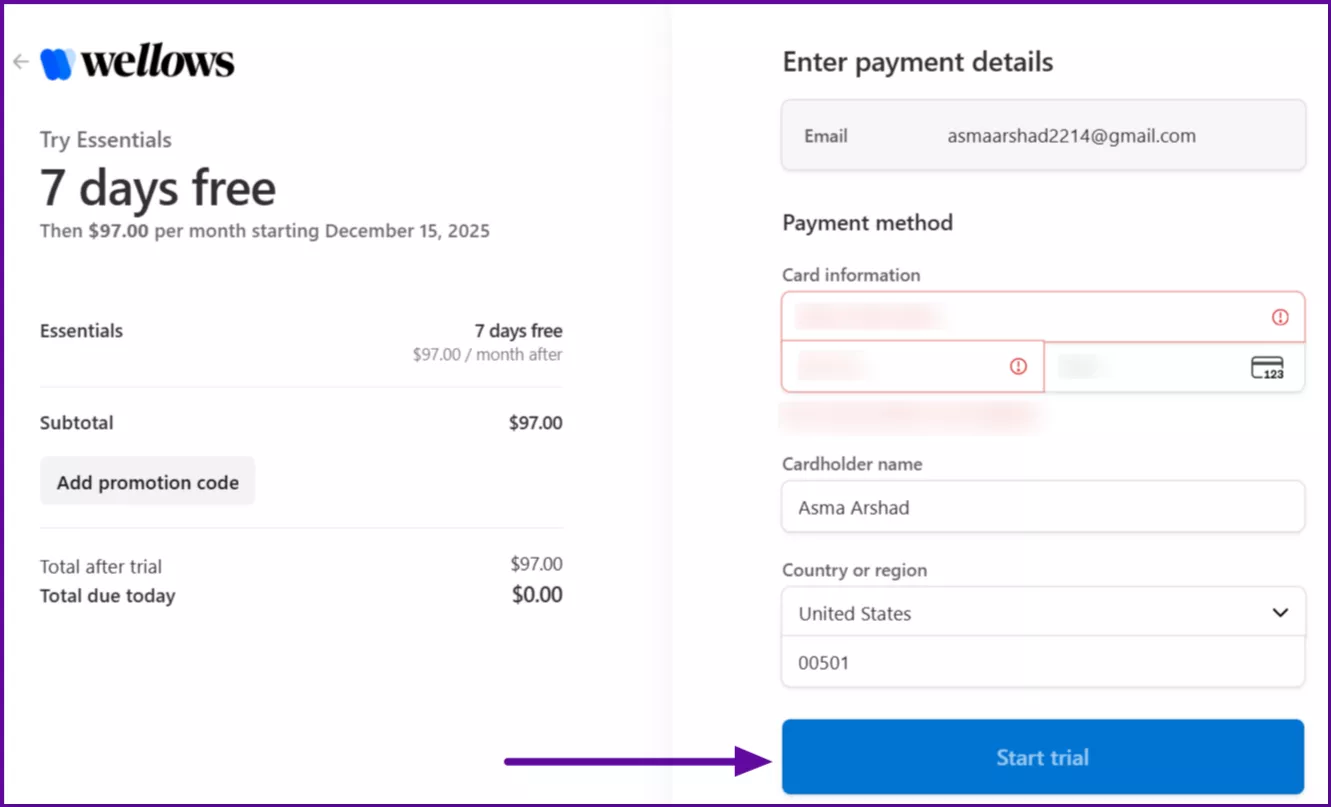 Wellows-checkout-screen-with-payment-fields-and-Start-Trial-button