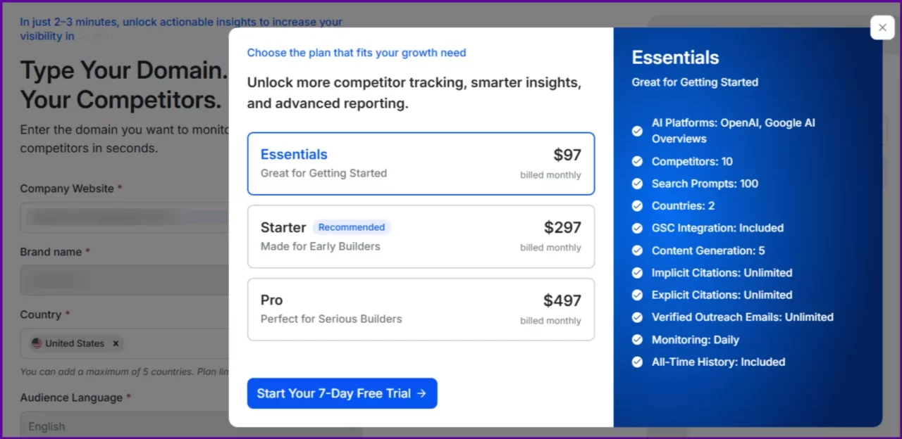 Wellows-plan-selection-screen-showing-Essentials-Starter-and-Pro-options-with-a-7-day-free-trial-button