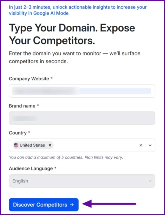 Wellows-setup-screen-showing-fields-for-domain-brand-name-country-selection-audience-language-and-Discover-Competitors-button