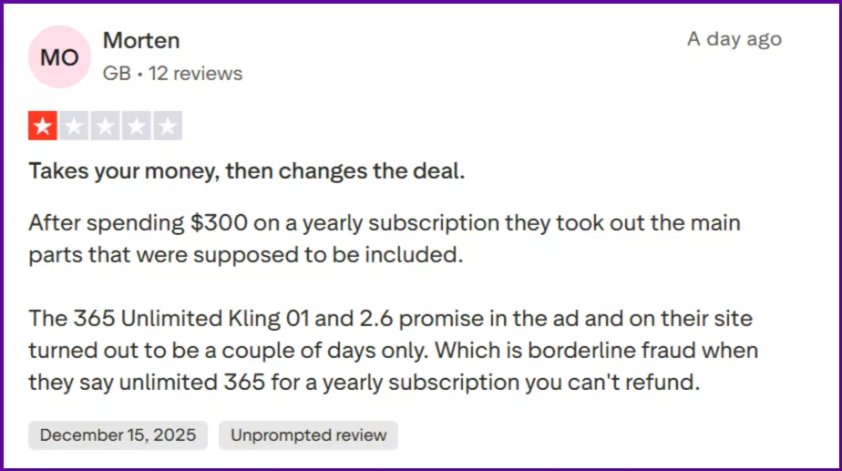 higgsfield-ai-trustpilot-review-1-star-uk-user-claiming-removed-365-day-unlimited-kling-access
